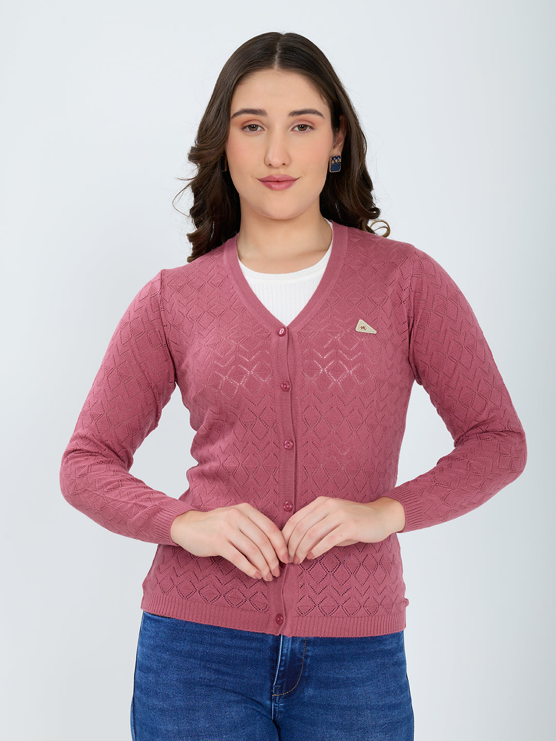 Women Pink Self Design V Neck Full Sleeve Cardigan