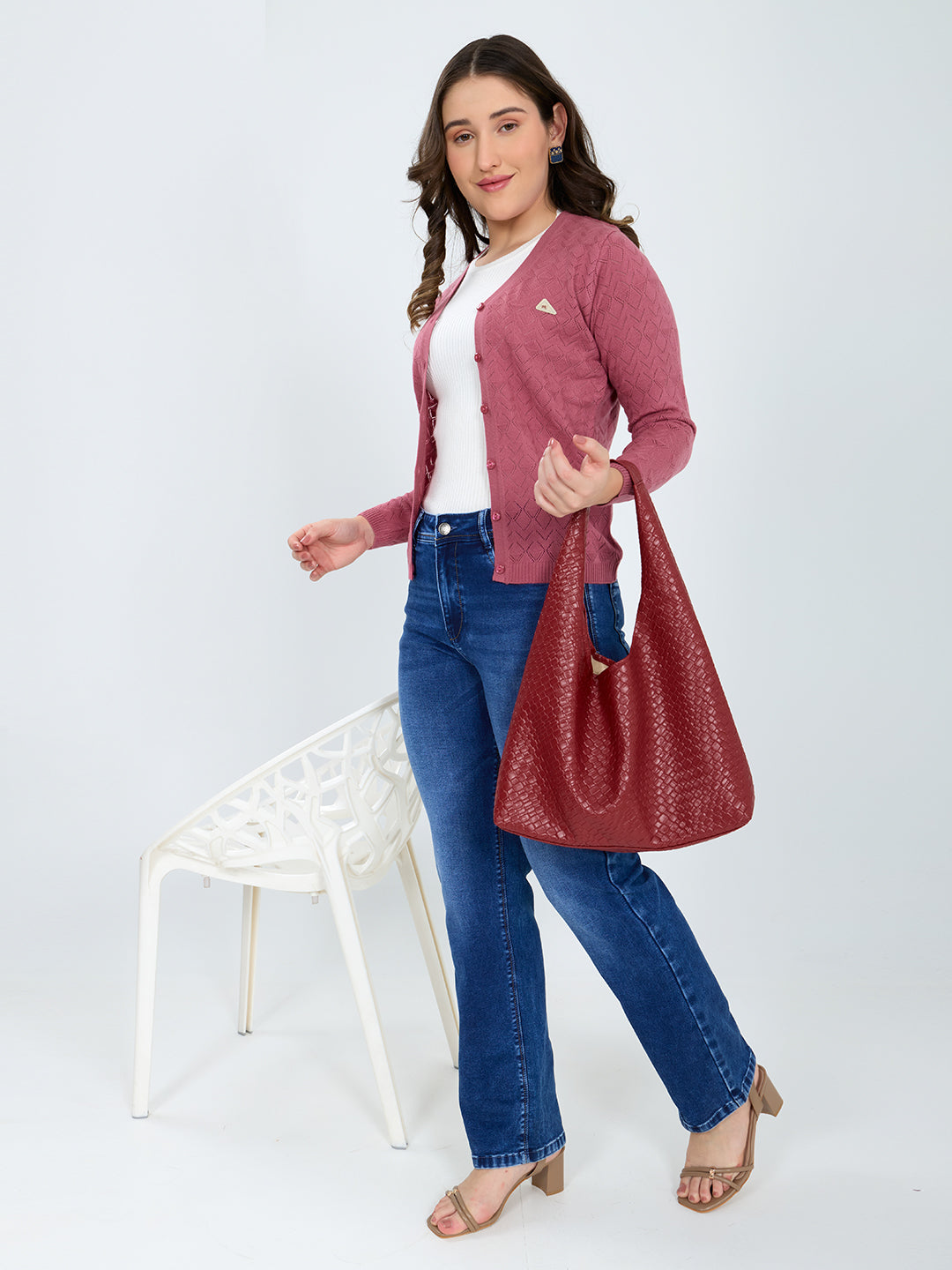 Women Pink Self Design V Neck Full Sleeve Cardigan