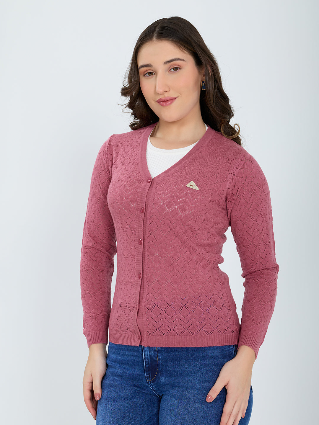 Women Pink Self Design V Neck Full Sleeve Cardigan