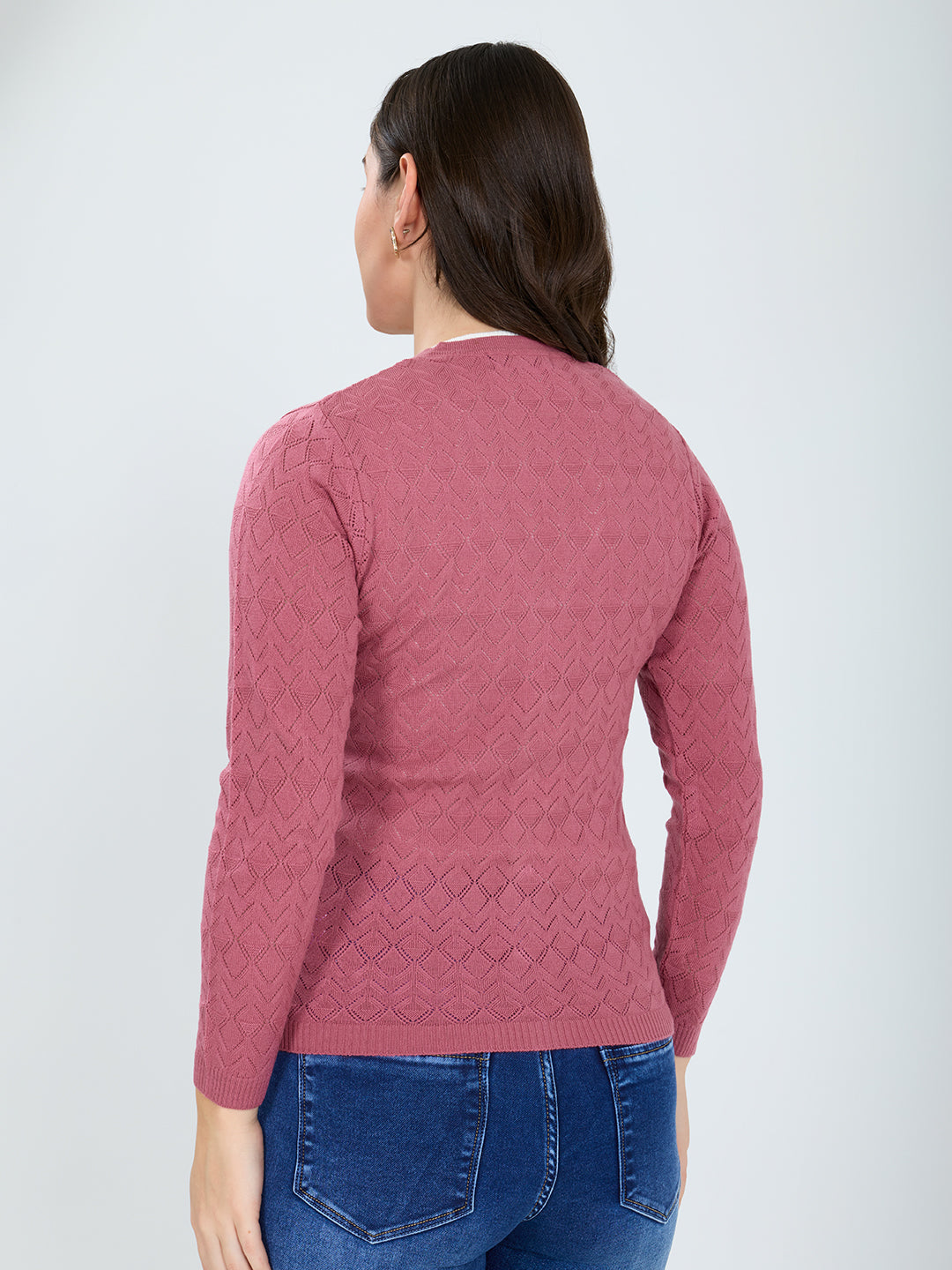 Women Pink Self Design V Neck Full Sleeve Cardigan