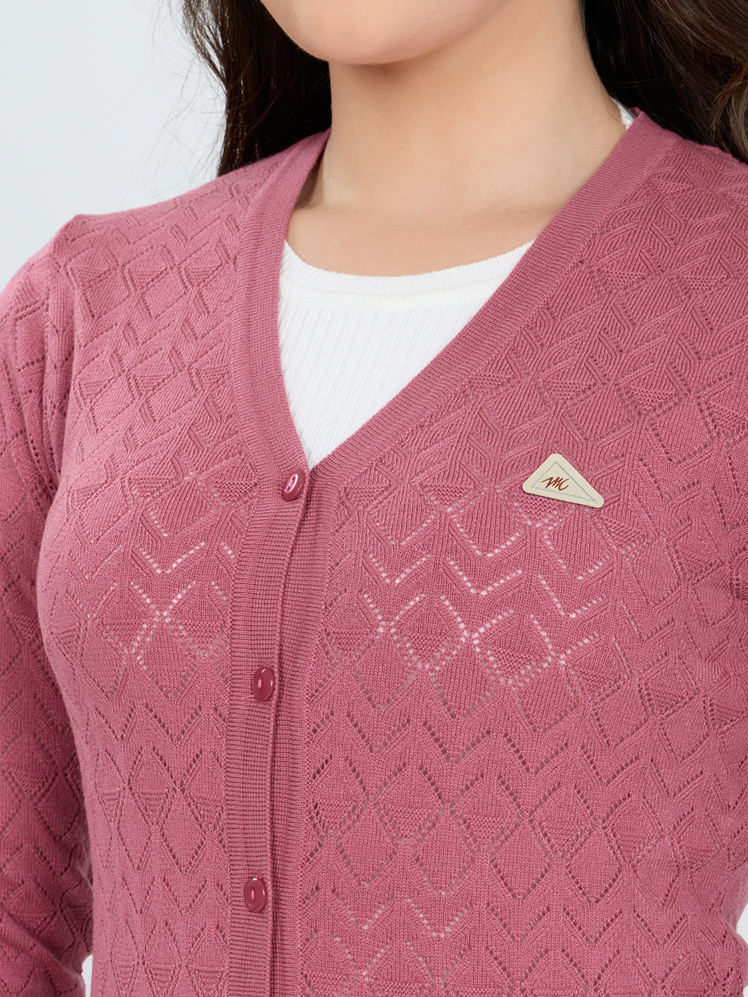 Women Pink Self Design V Neck Full Sleeve Cardigan