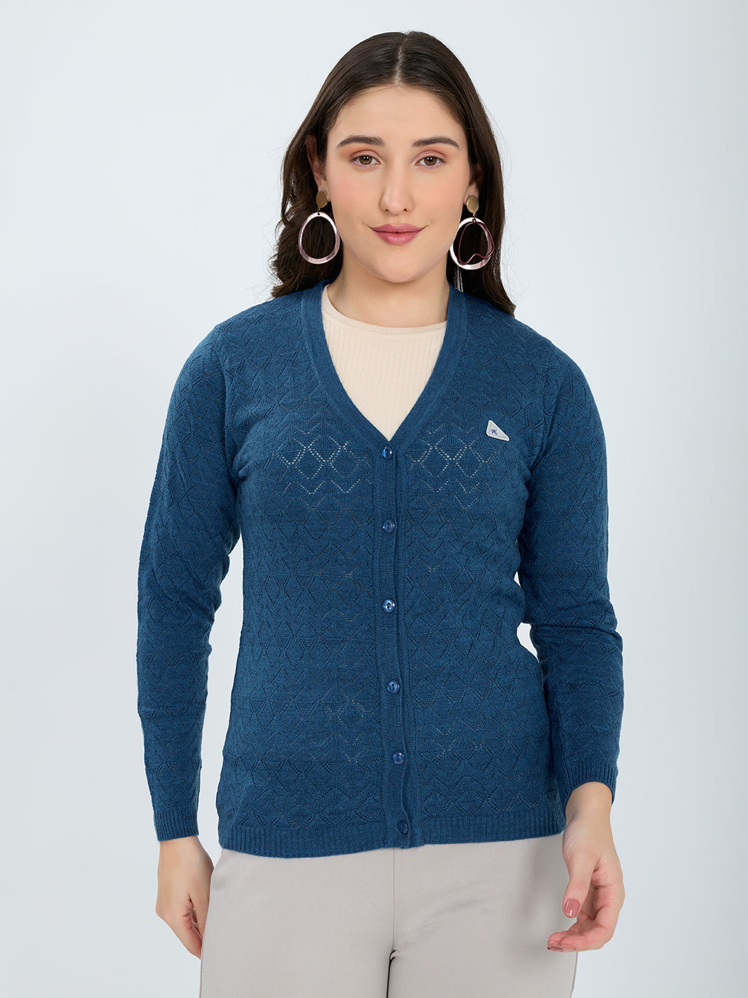 Women Blue Self Design V Neck Full Sleeve Cardigan