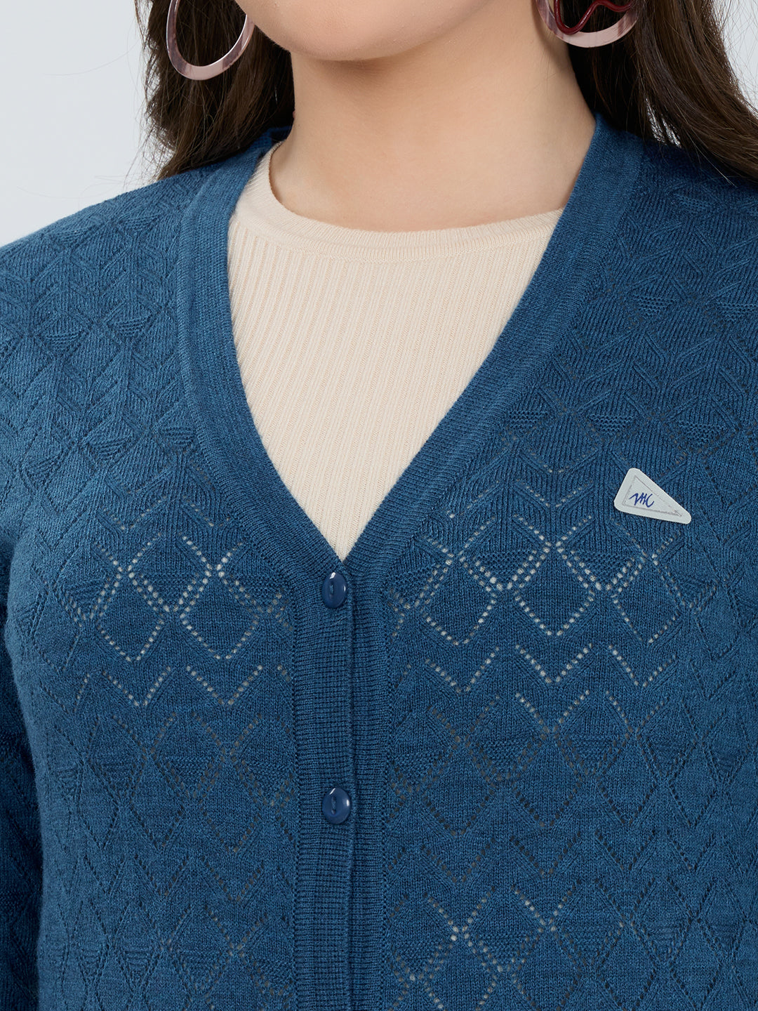 Women Blue Self Design V Neck Full Sleeve Cardigan