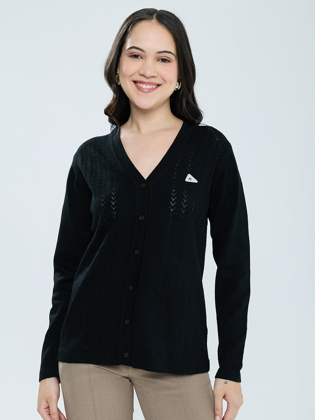 Women Black Self Design V Neck Full Sleeve Cardigan