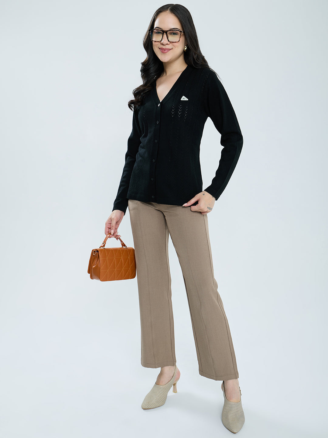Women Black Self Design V Neck Full Sleeve Cardigan