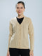 Women Camel Brown Self Design V Neck Full Sleeve Cardigan