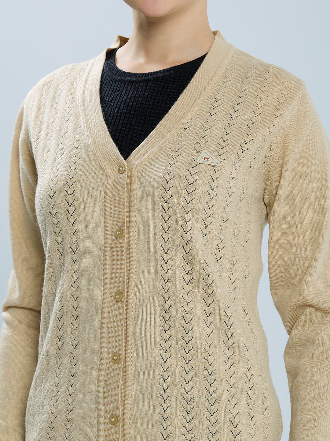 Women Camel Brown Self Design V Neck Full Sleeve Cardigan