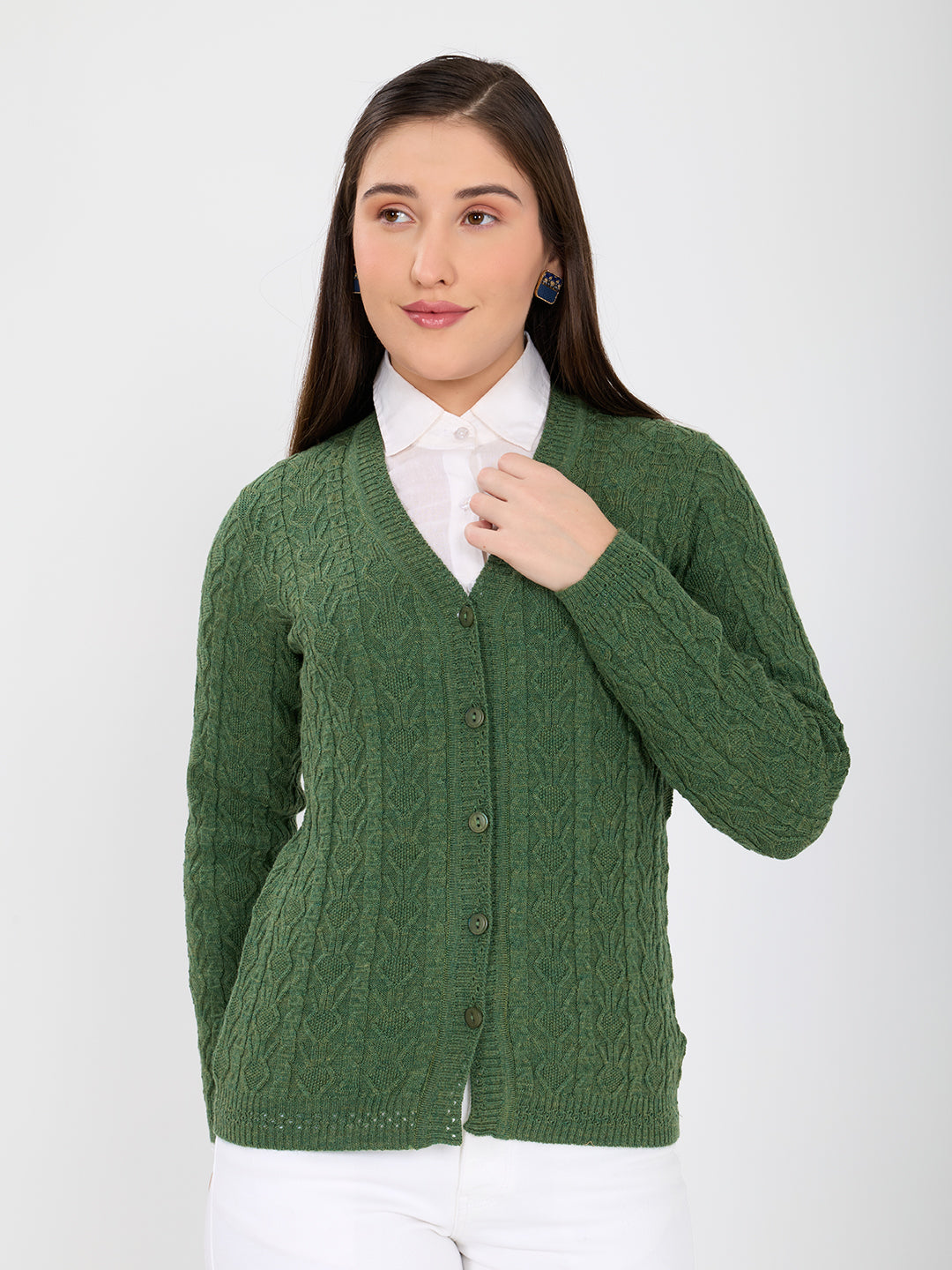 Women Green Self Design V Neck Full Sleeve Cardigan