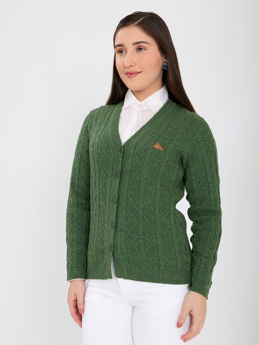 Women Green Self Design V Neck Full Sleeve Cardigan