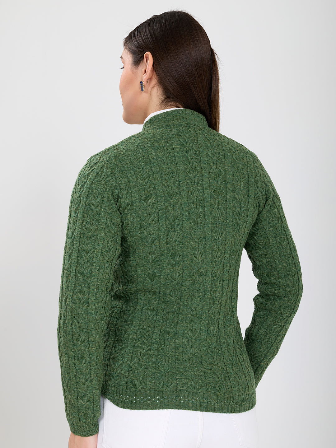 Women Green Self Design V Neck Full Sleeve Cardigan