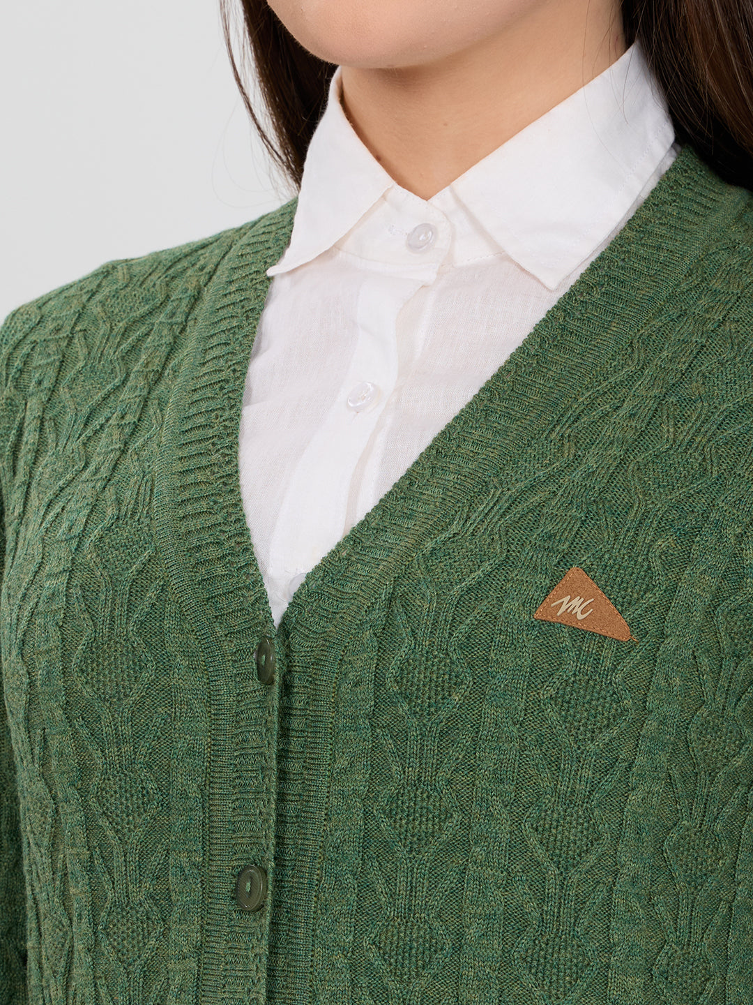 Women Green Self Design V Neck Full Sleeve Cardigan