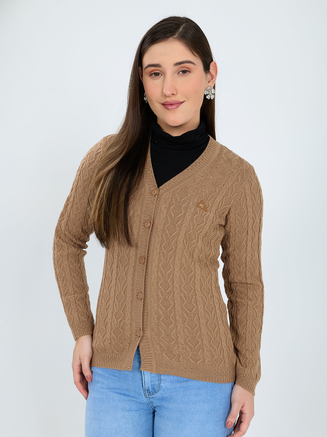 Women Camel Brown Self Design V Neck Full Sleeve Cardigan