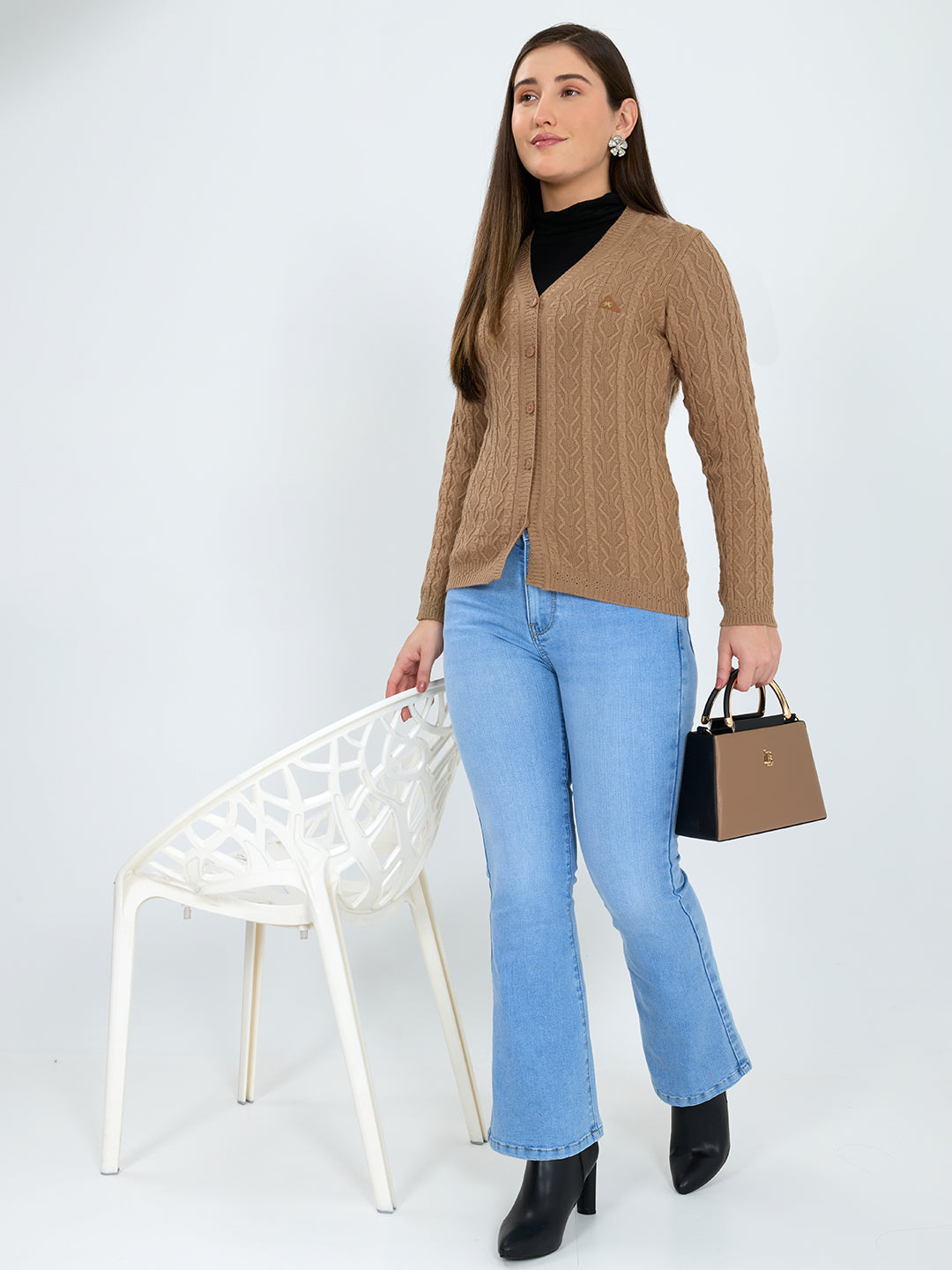 Women Camel Brown Self Design V Neck Full Sleeve Cardigan