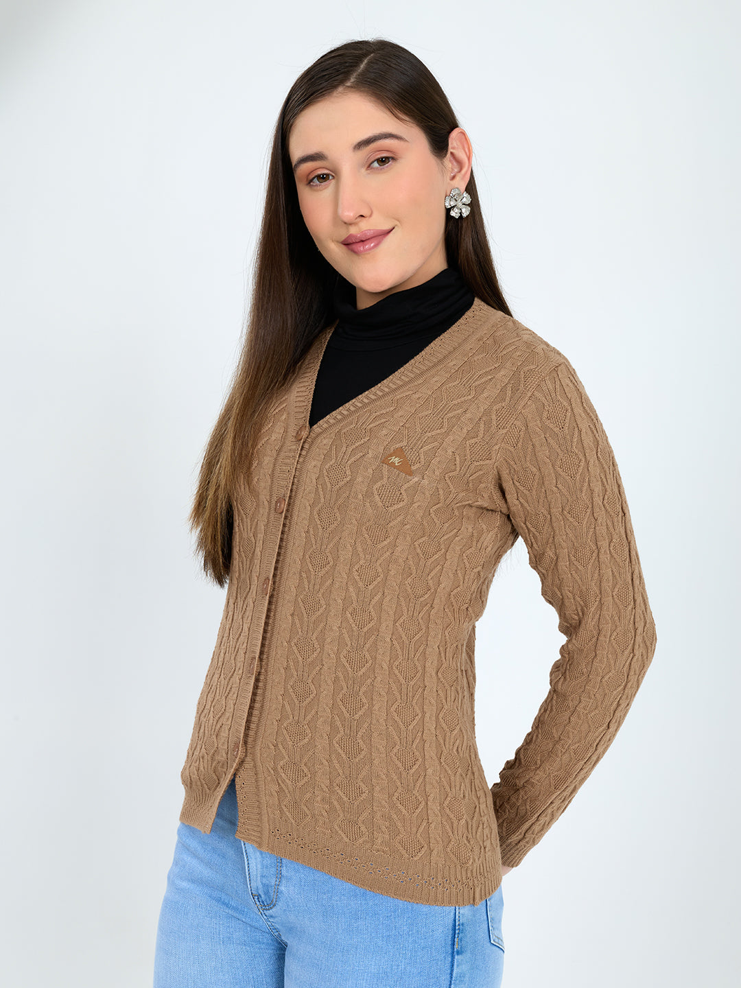 Women Camel Brown Self Design V Neck Full Sleeve Cardigan