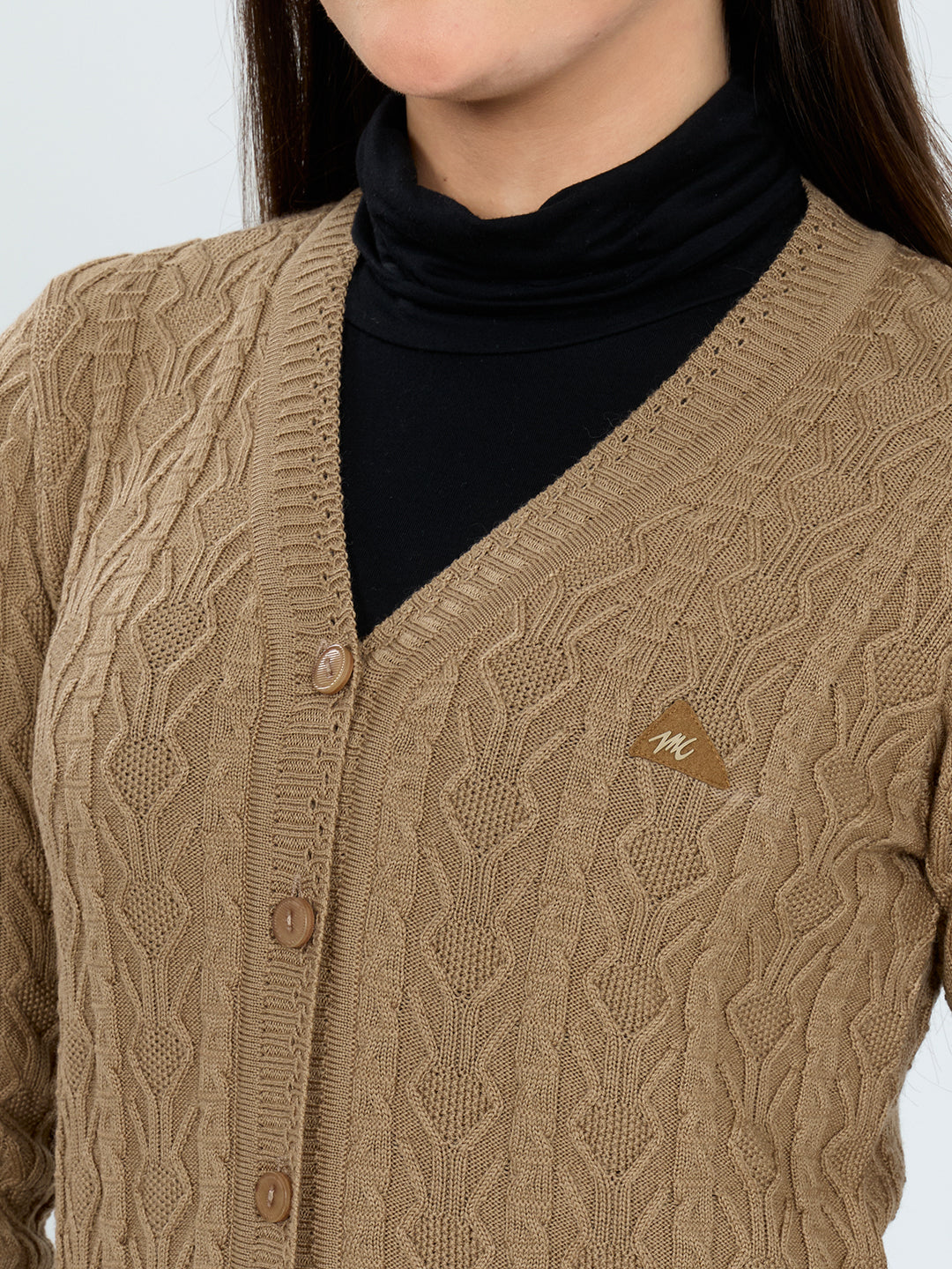 Women Camel Brown Self Design V Neck Full Sleeve Cardigan
