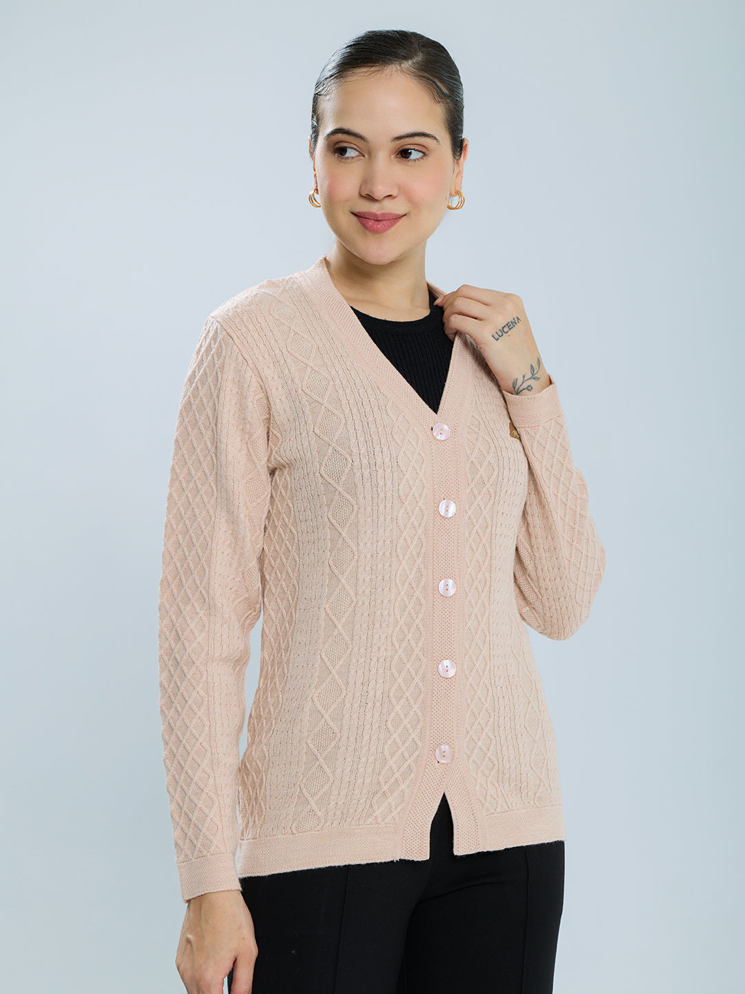 Women Beige Self Design V Neck Full Sleeve Cardigan