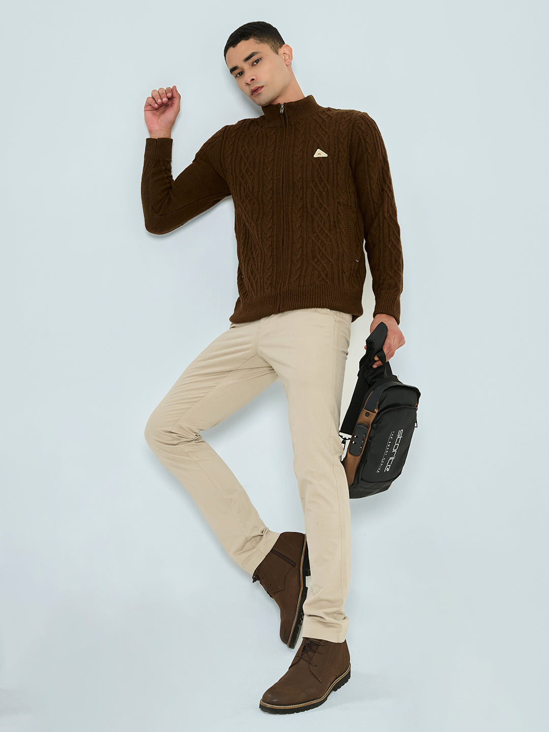 Men Brown Self Design Turtle Neck Full Sleeve Knitted Jacket
