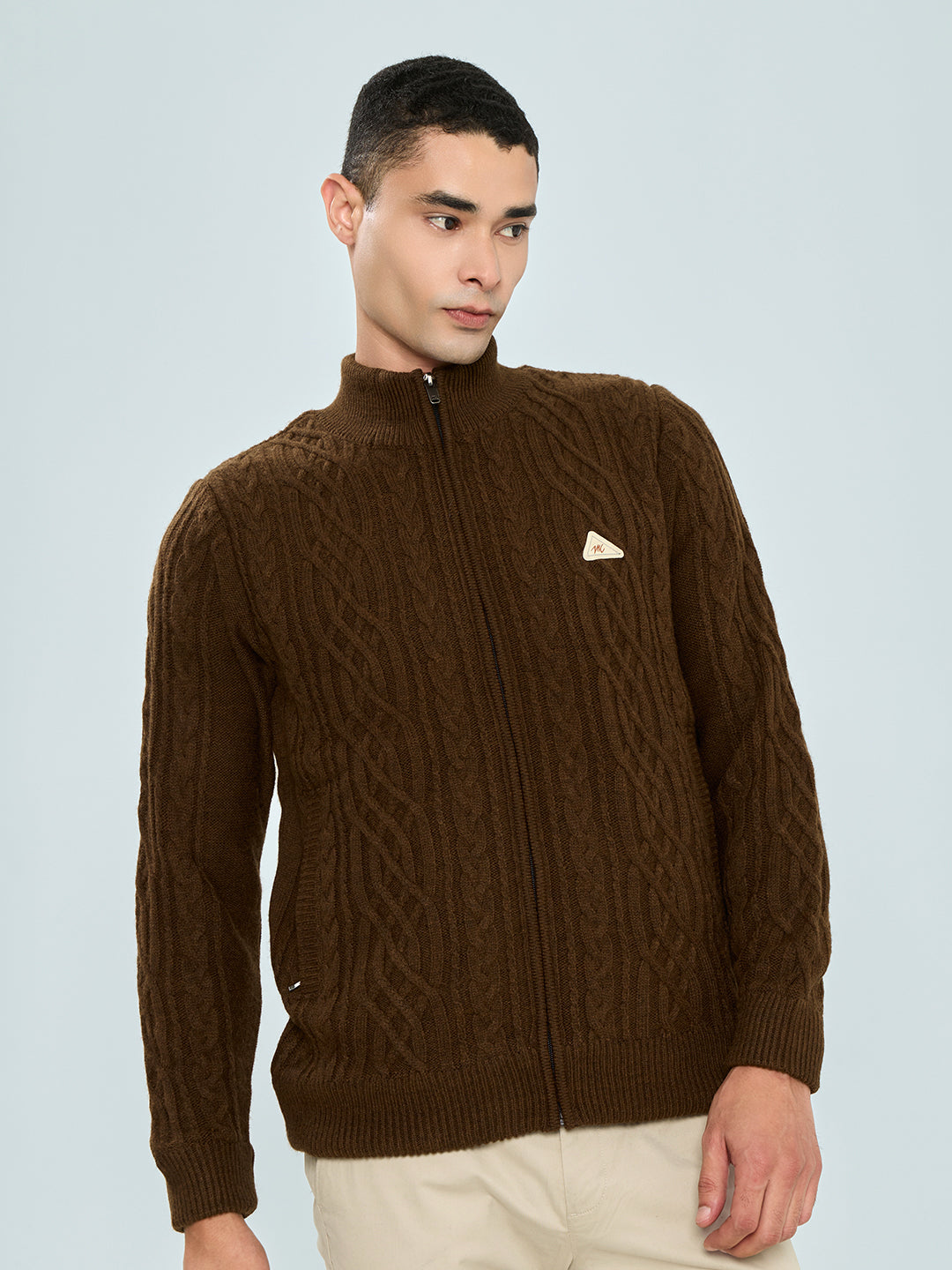 Men Brown Self Design Turtle Neck Full Sleeve Knitted Jacket