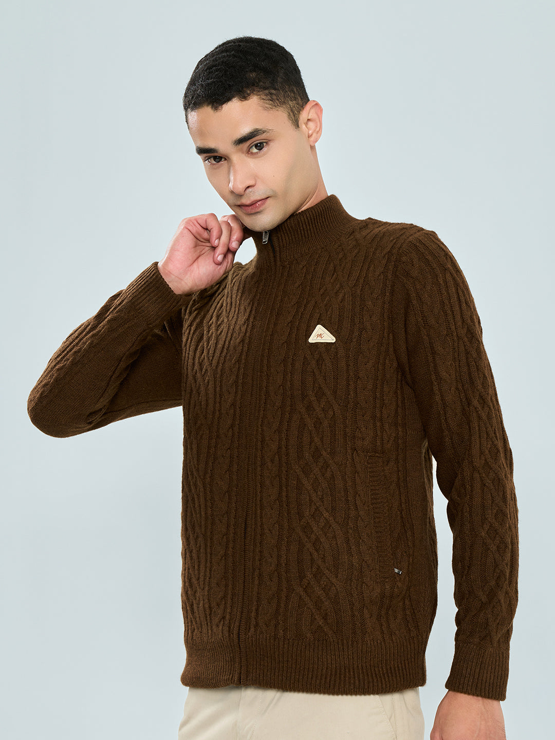 Men Brown Self Design Turtle Neck Full Sleeve Knitted Jacket