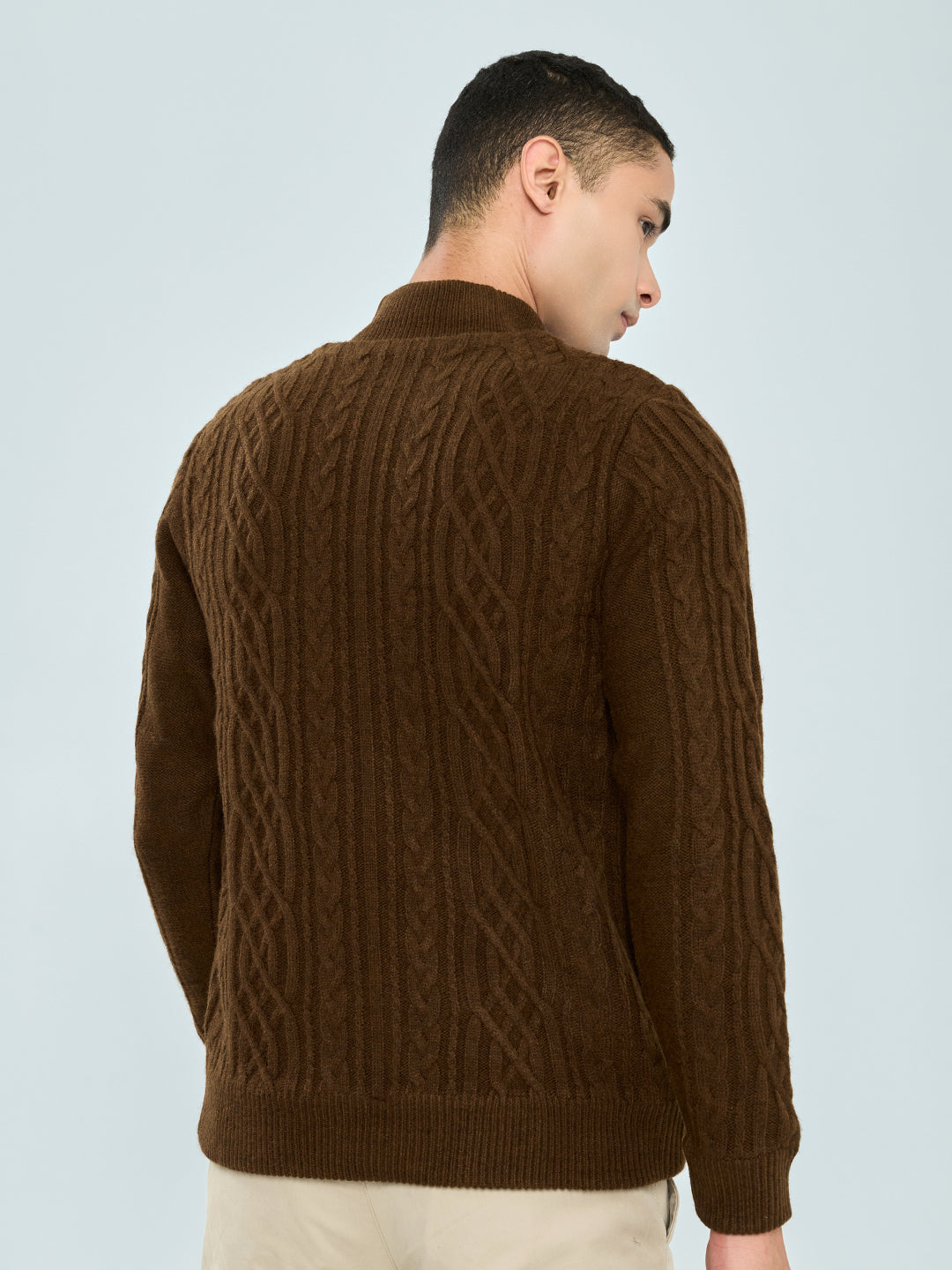 Men Brown Self Design Turtle Neck Full Sleeve Knitted Jacket