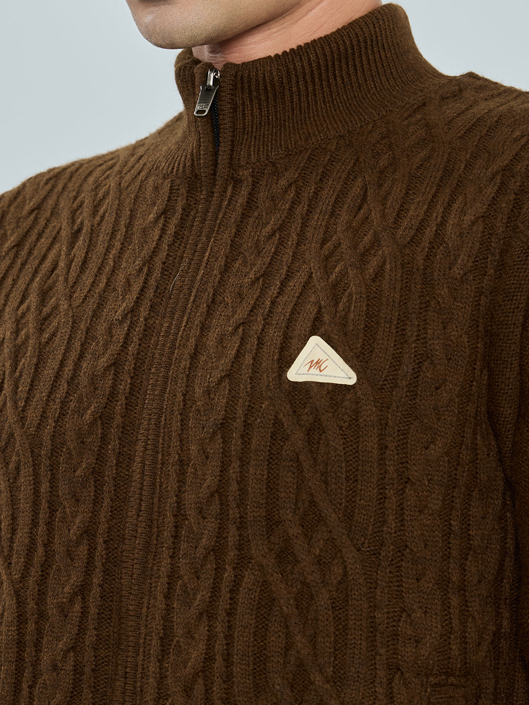 Men Brown Self Design Turtle Neck Full Sleeve Knitted Jacket