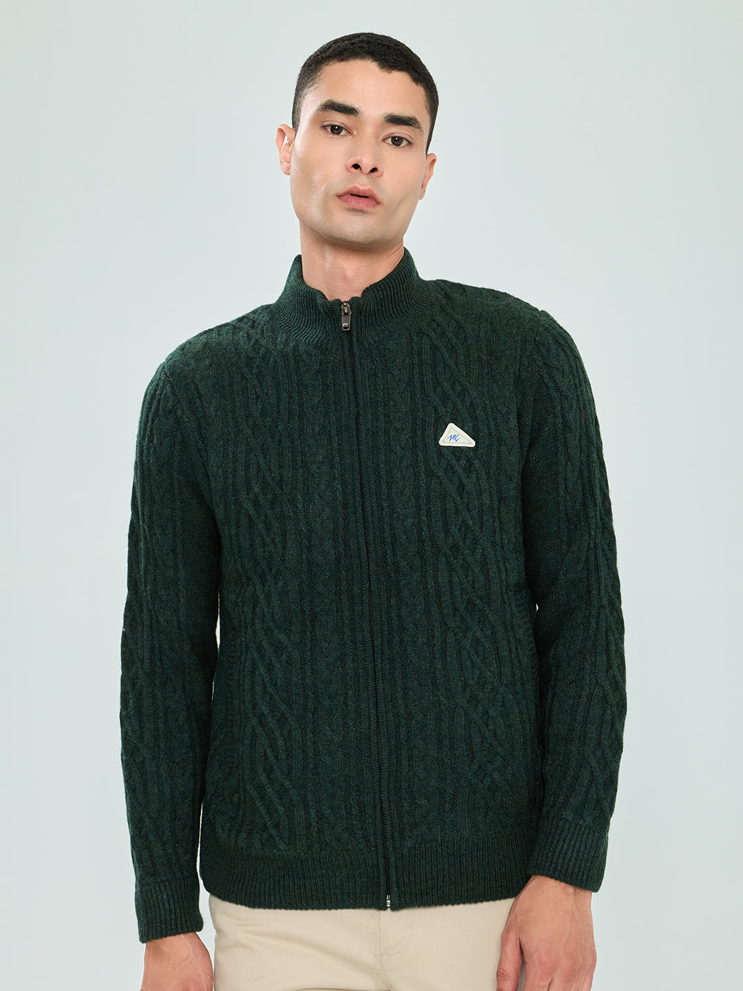 Men Green Self Design Turtle Neck Full Sleeve Knitted Jacket