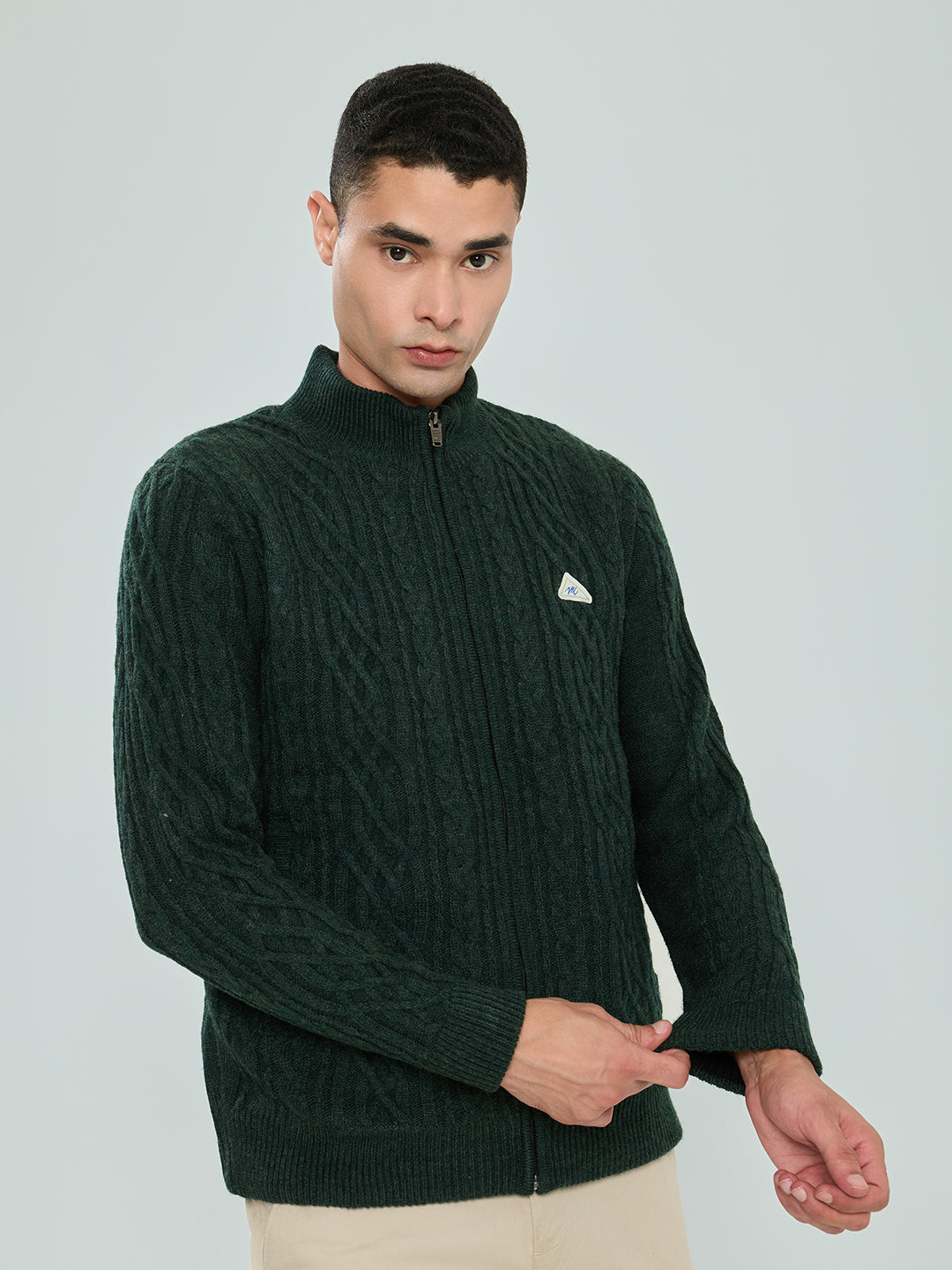 Men Green Self Design Turtle Neck Full Sleeve Knitted Jacket