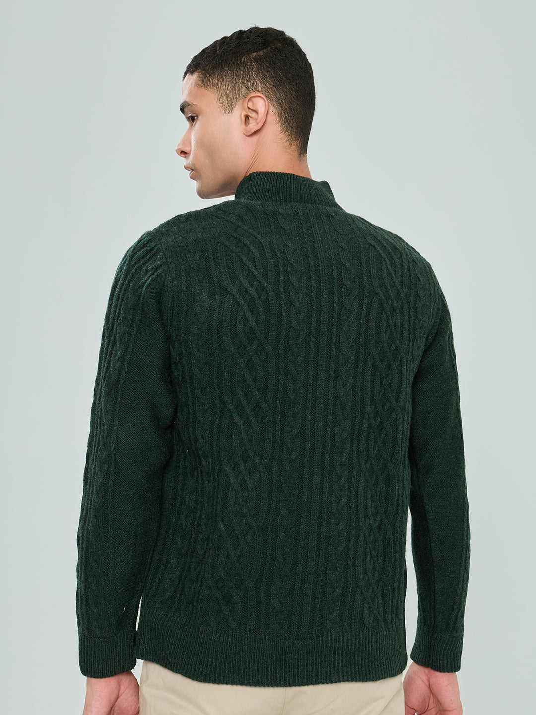 Men Green Self Design Turtle Neck Full Sleeve Knitted Jacket