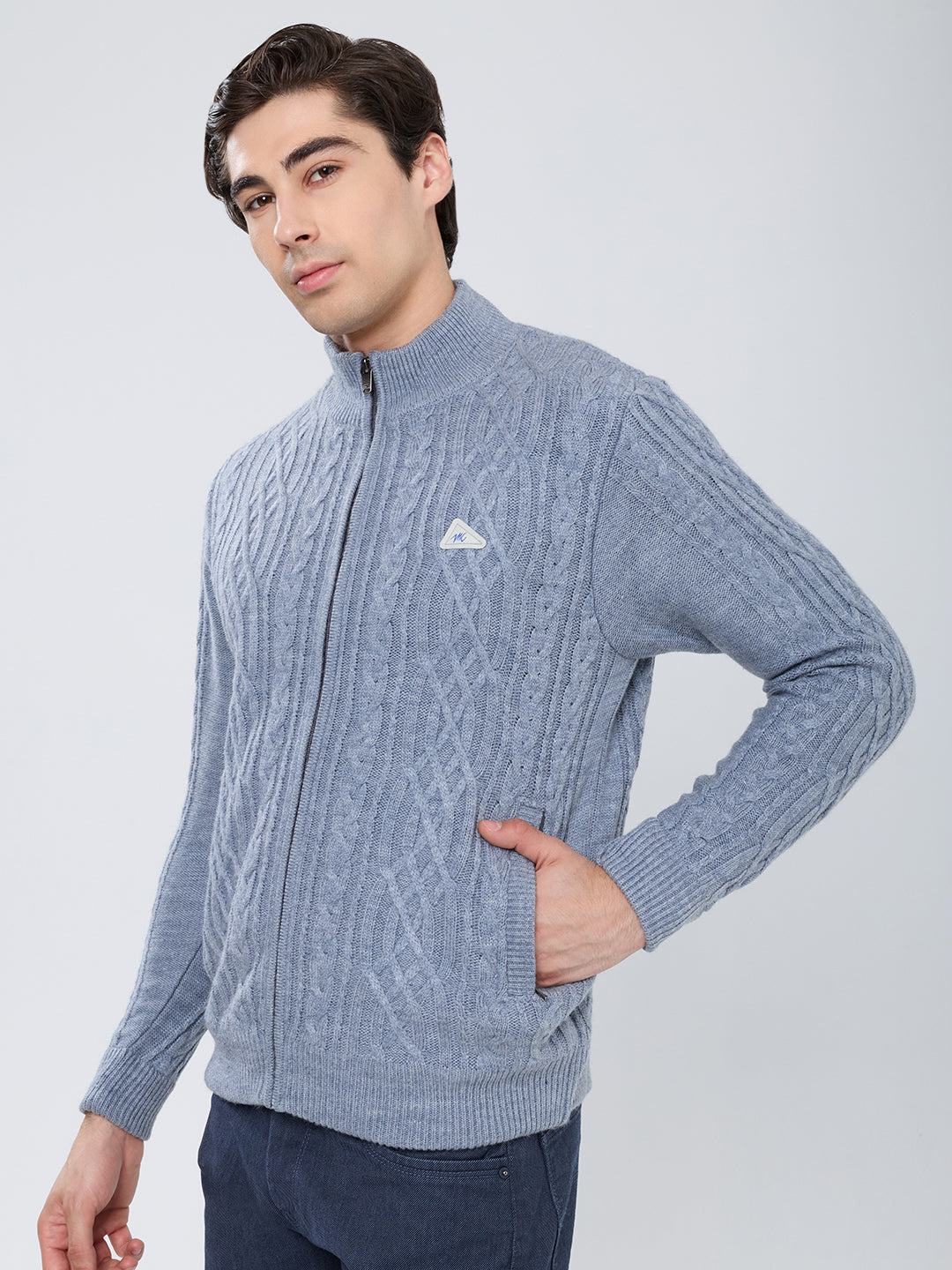 Men Grey Self Design Turtle Neck Full Sleeve Knitted Jacket