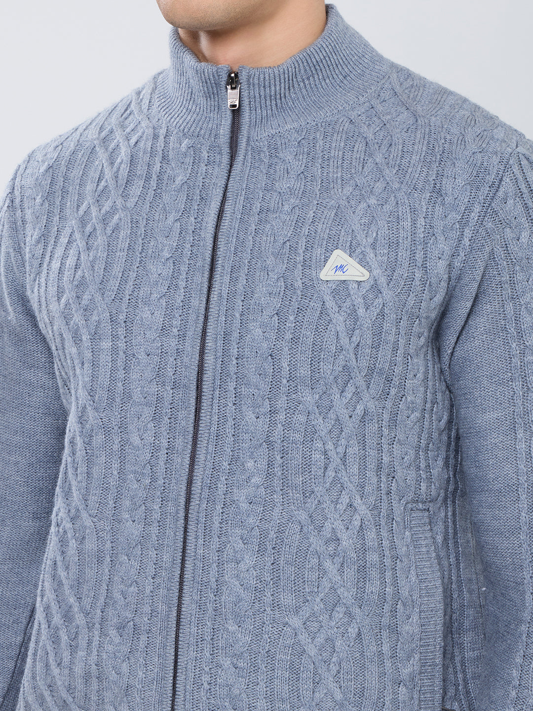 Men Grey Self Design Turtle Neck Full Sleeve Knitted Jacket