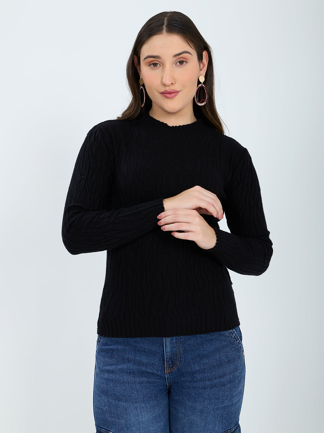 Women Black Designer High Neck Full Sleeve Winter Top