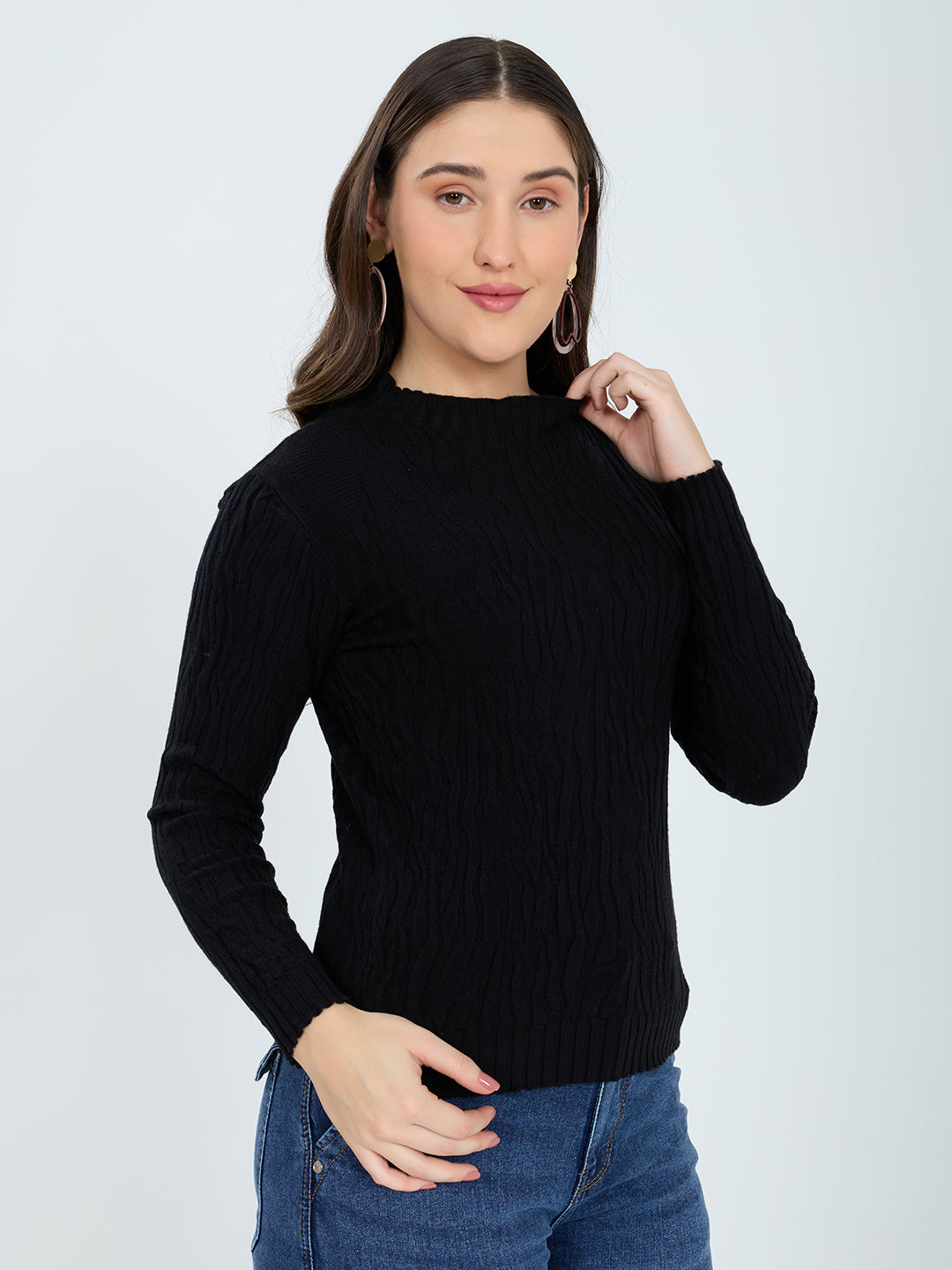 Women Black Designer High Neck Full Sleeve Winter Top