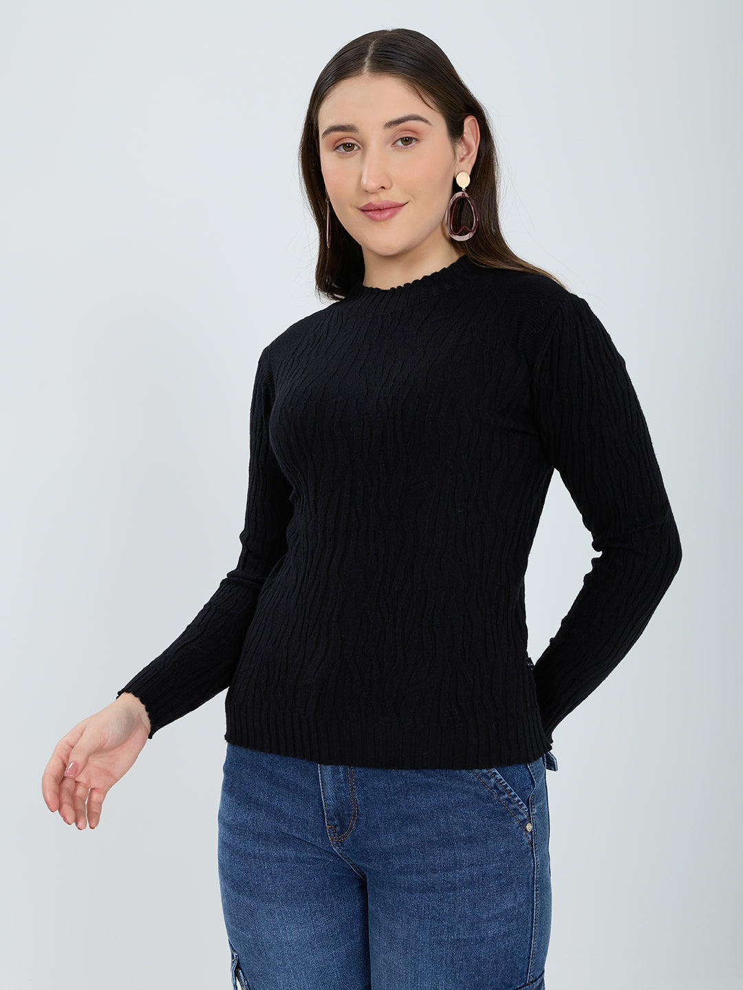 Women Black Designer High Neck Full Sleeve Winter Top