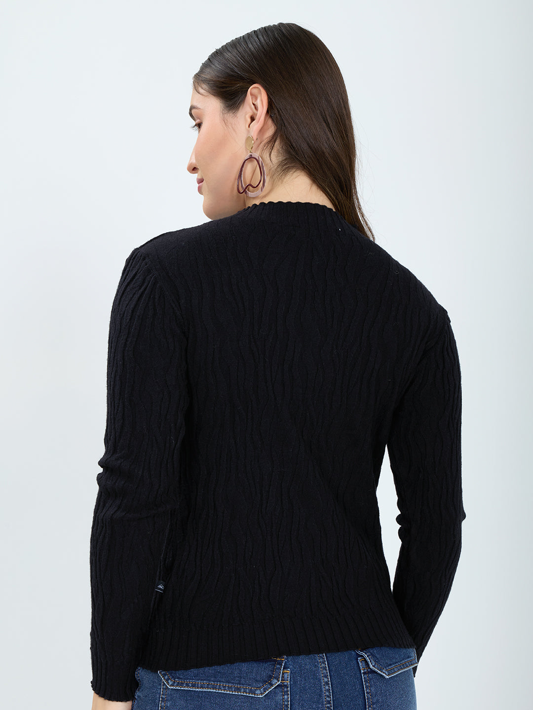 Women Black Designer High Neck Full Sleeve Winter Top