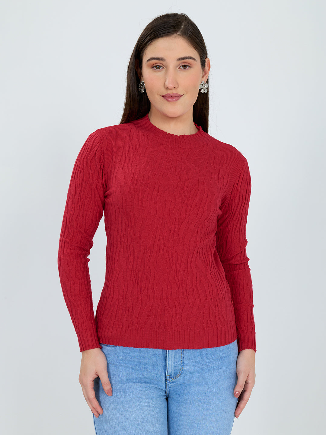 Women Red Designer High Neck Full Sleeve Winter Top