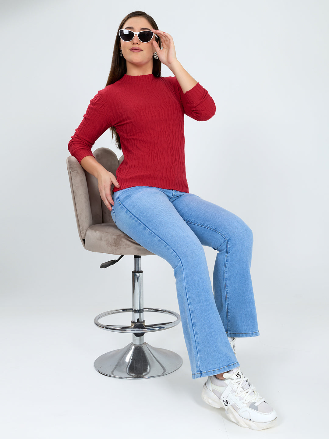 Women Red Designer High Neck Full Sleeve Winter Top