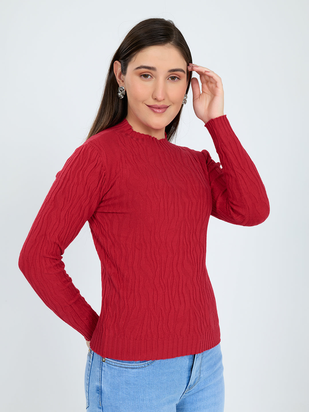Women Red Designer High Neck Full Sleeve Winter Top