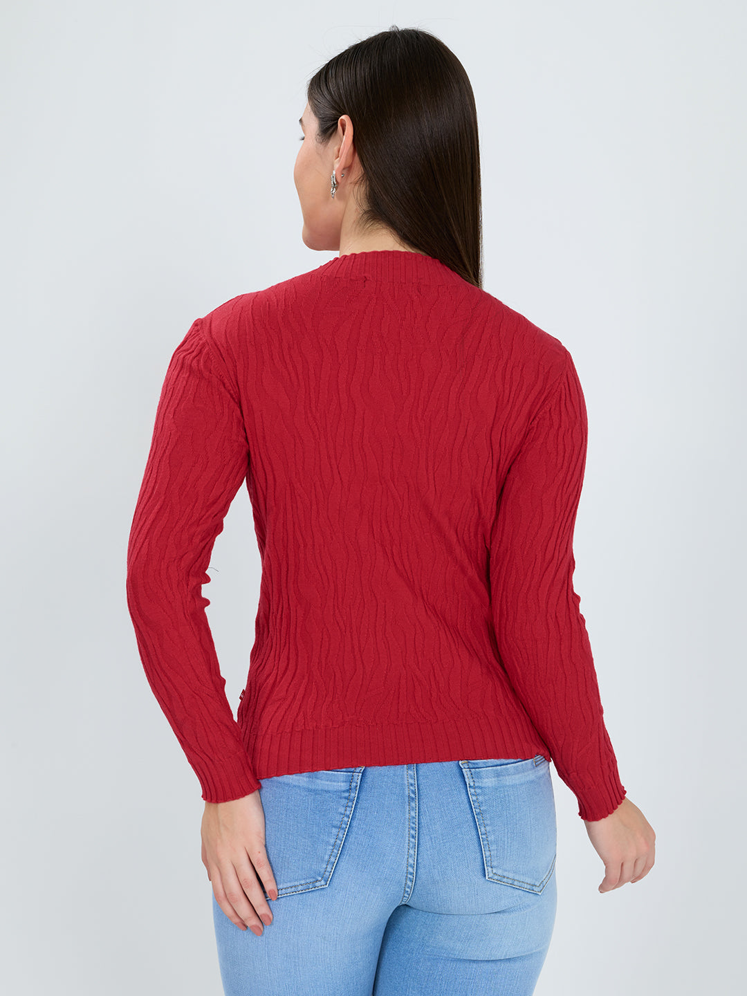 Women Red Designer High Neck Full Sleeve Winter Top