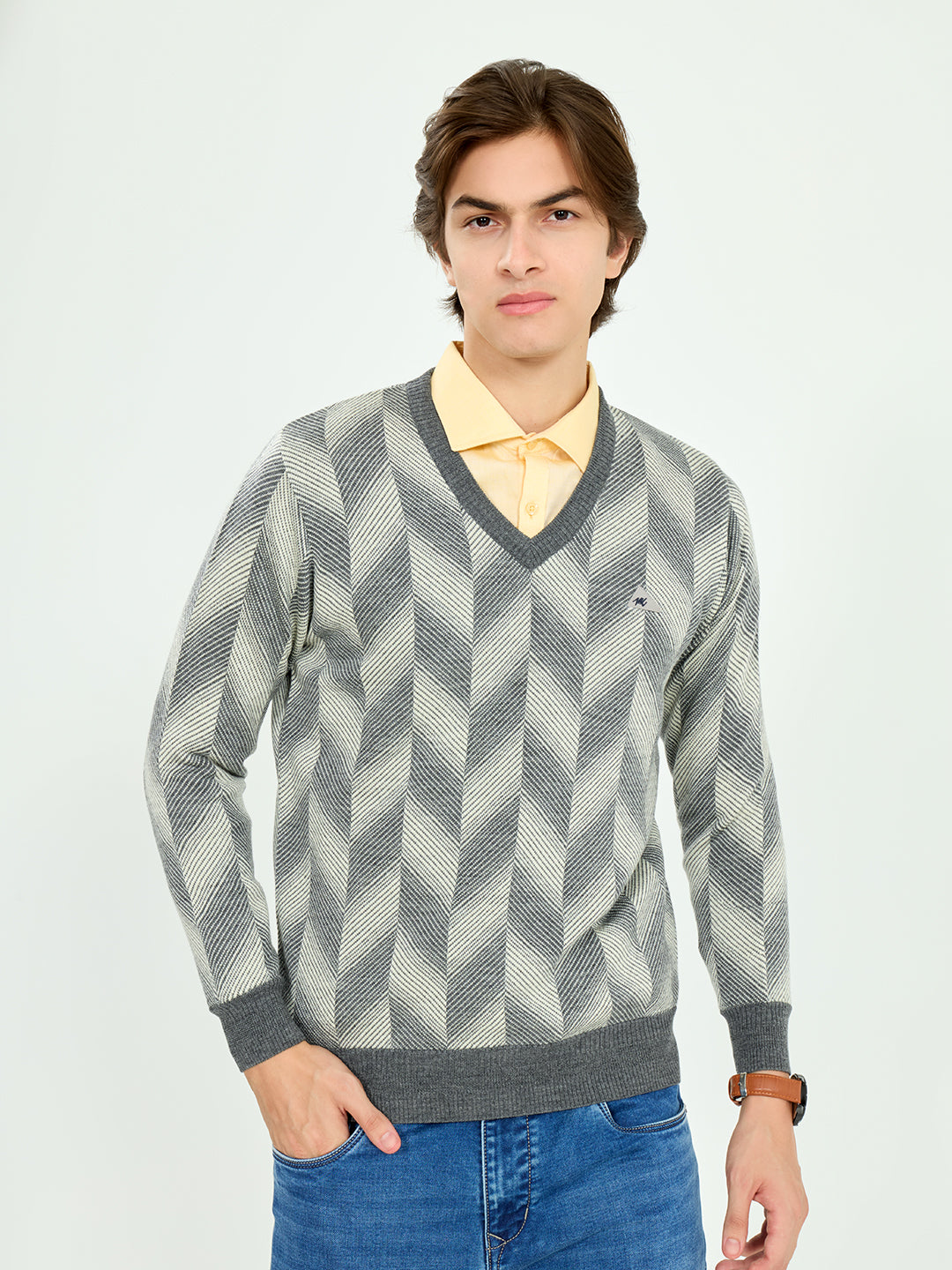 Men Grey Self Design V Neck Full Sleeve Pullover