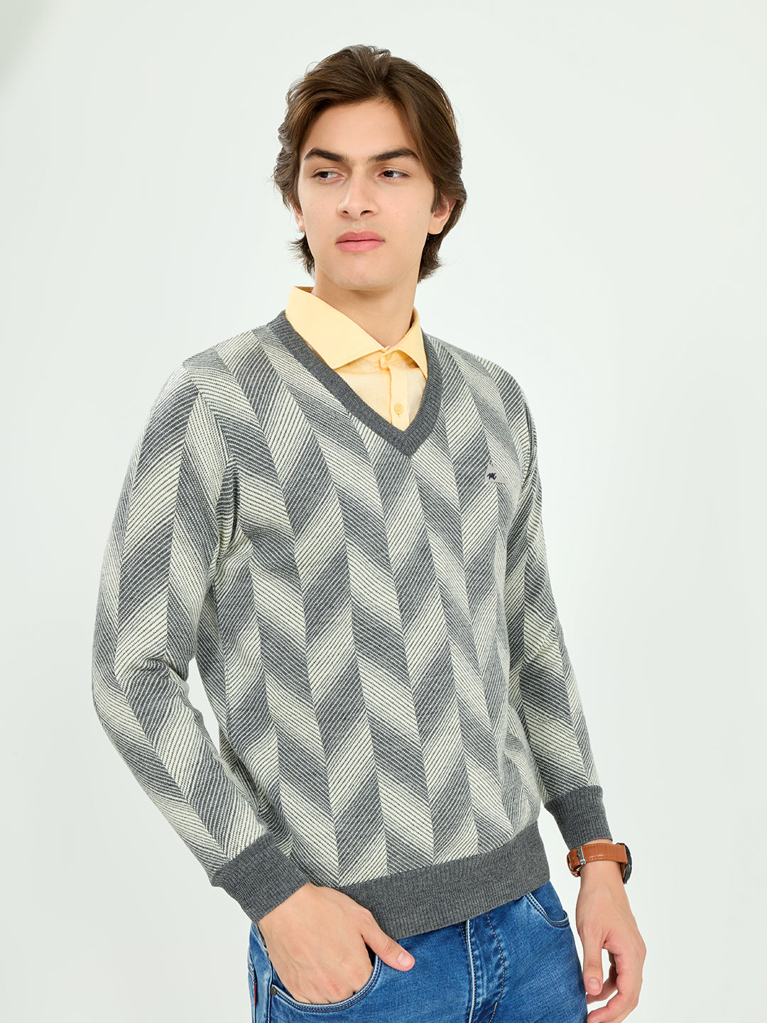Men Grey Self Design V Neck Full Sleeve Pullover