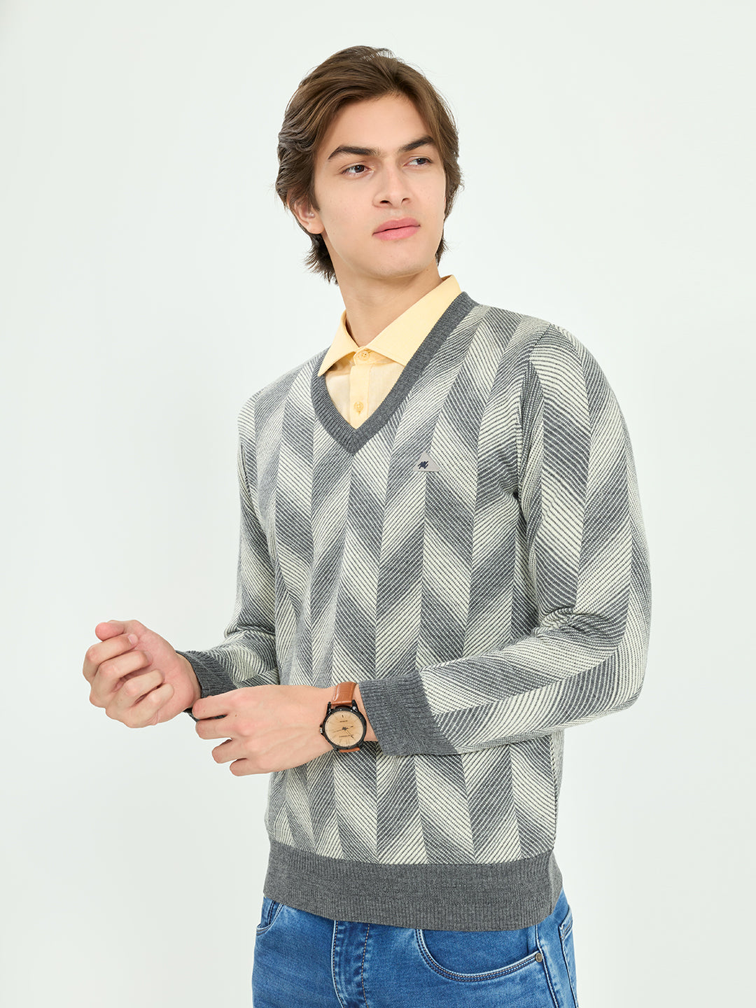 Men Grey Self Design V Neck Full Sleeve Pullover