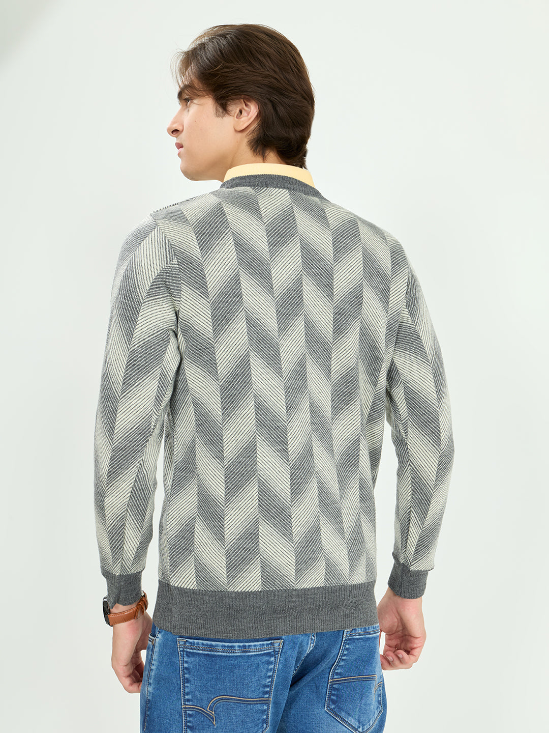 Men Grey Self Design V Neck Full Sleeve Pullover