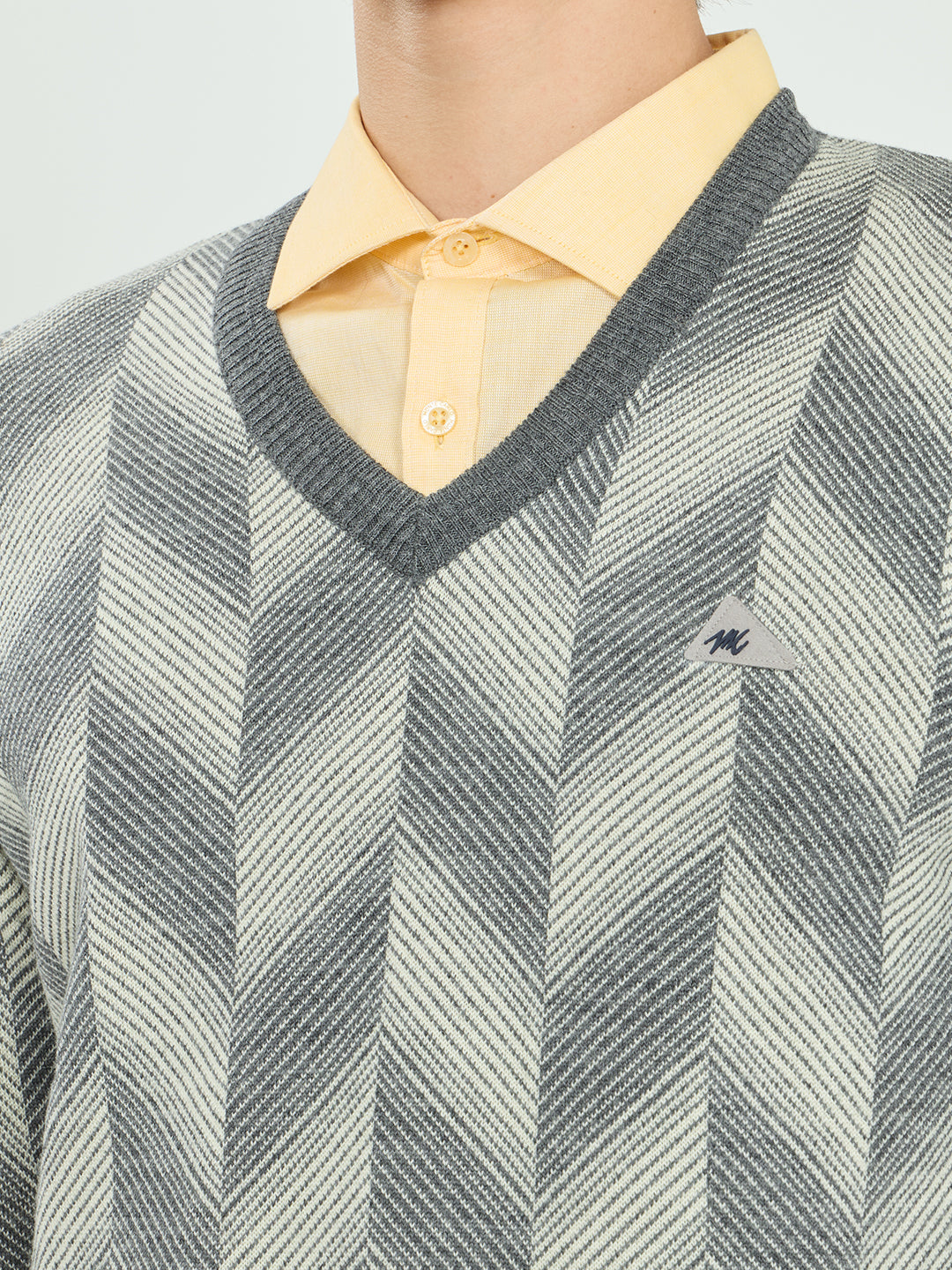 Men Grey Self Design V Neck Full Sleeve Pullover