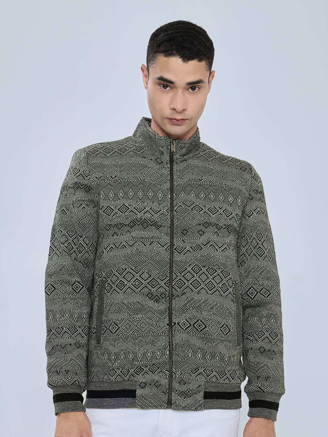 Men Grey Self Design Turtle Neck Full Sleeve Knitted Jacket
