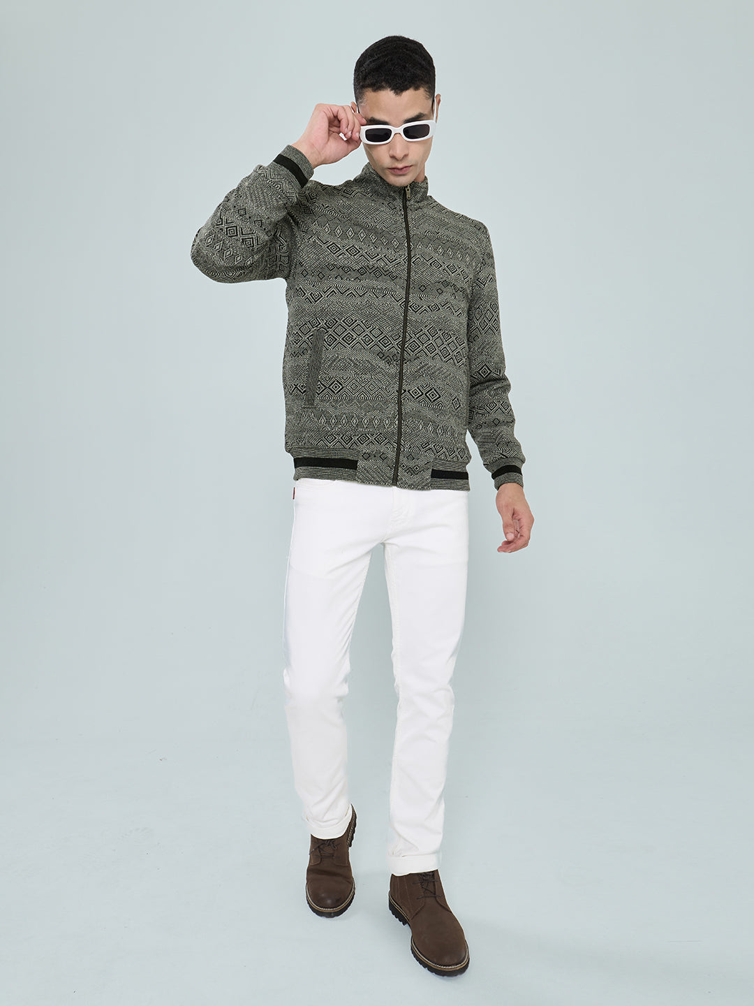 Men Grey Self Design Turtle Neck Full Sleeve Knitted Jacket
