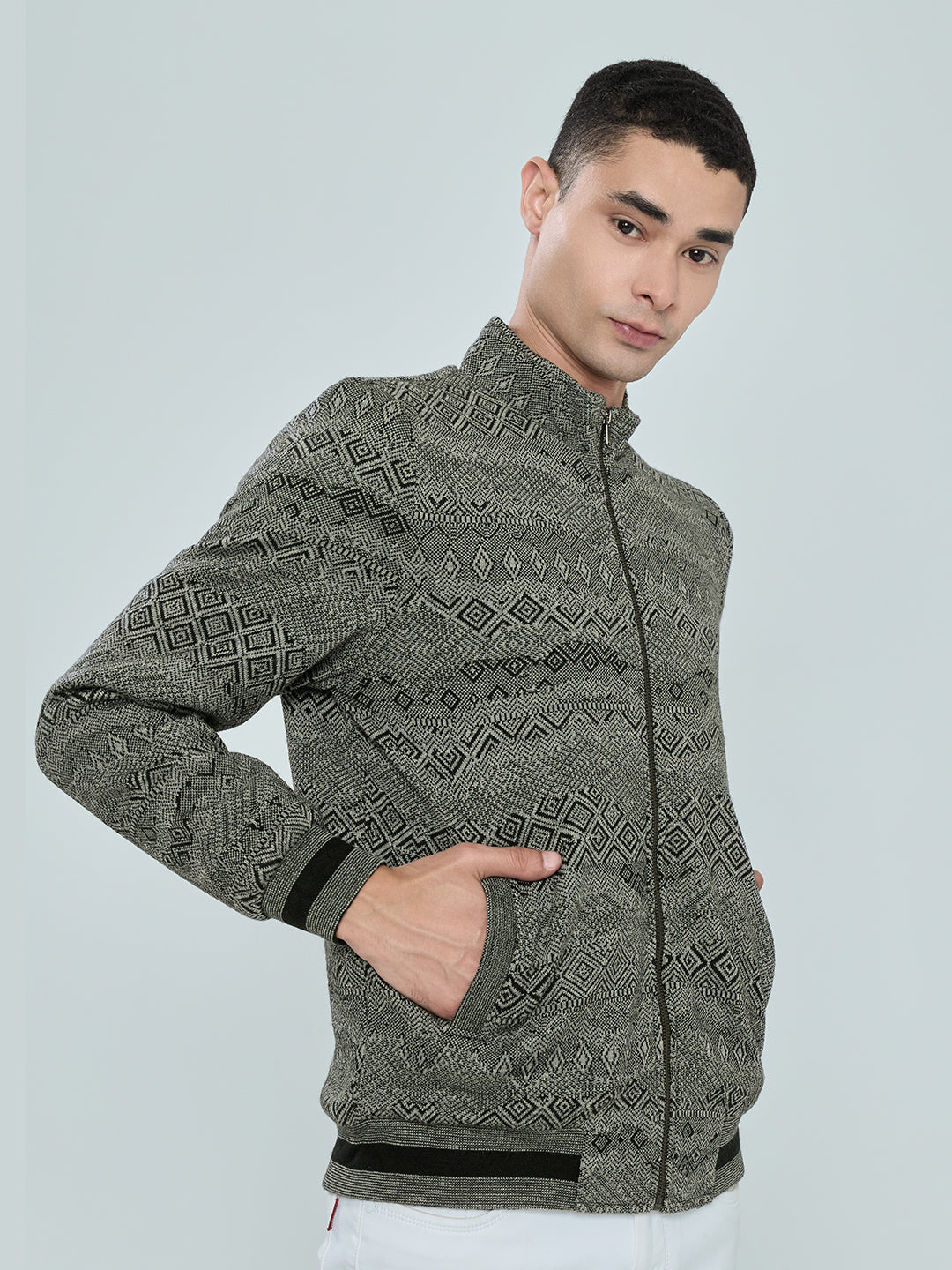 Men Grey Self Design Turtle Neck Full Sleeve Knitted Jacket
