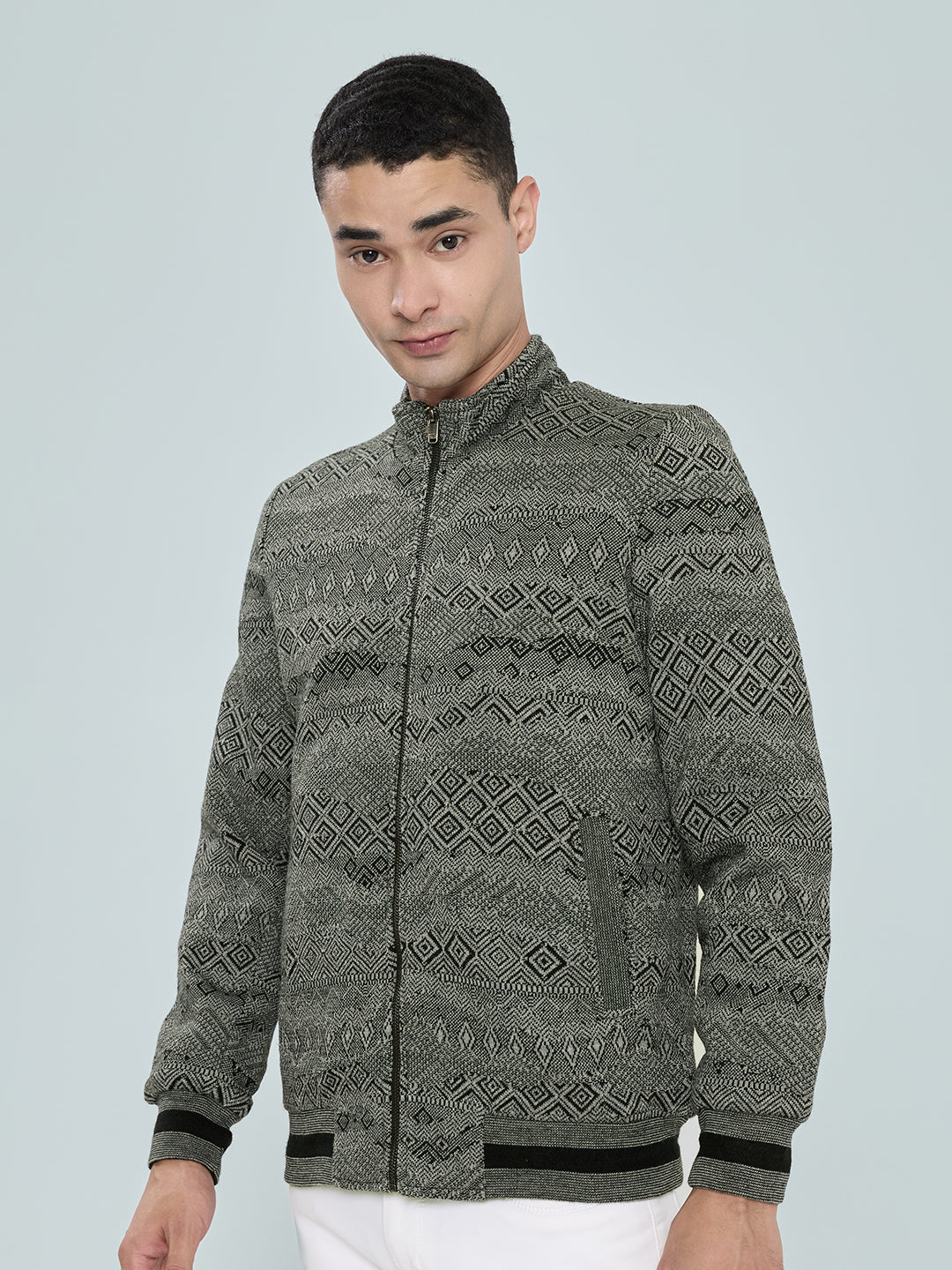 Men Grey Self Design Turtle Neck Full Sleeve Knitted Jacket