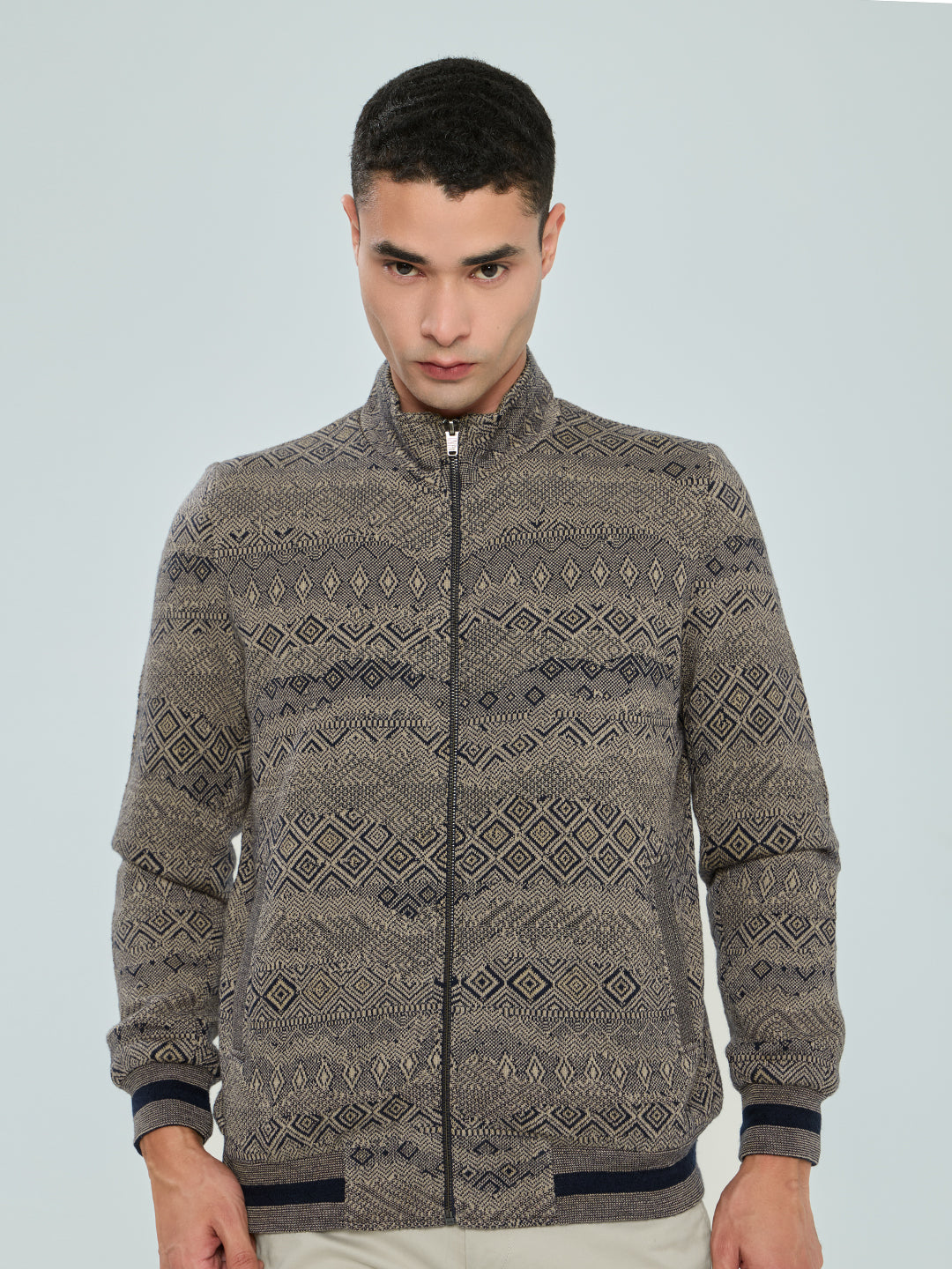 Men Brown Self Design Turtle Neck Full Sleeve Knitted Jacket