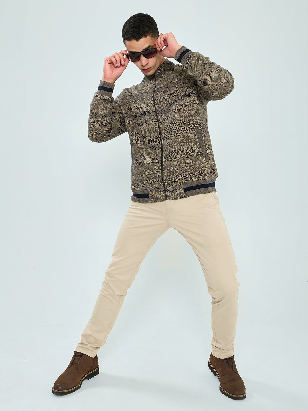 Men Brown Self Design Turtle Neck Full Sleeve Knitted Jacket