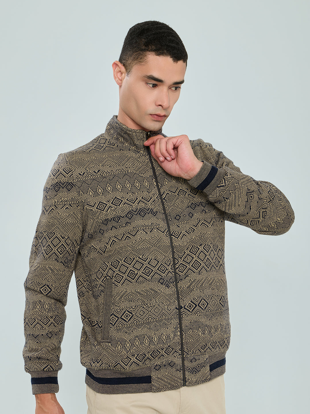 Men Brown Self Design Turtle Neck Full Sleeve Knitted Jacket